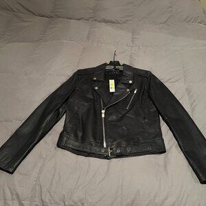 Theory Dark Navy Blue Leather Moto Jacket - Women's Size Small